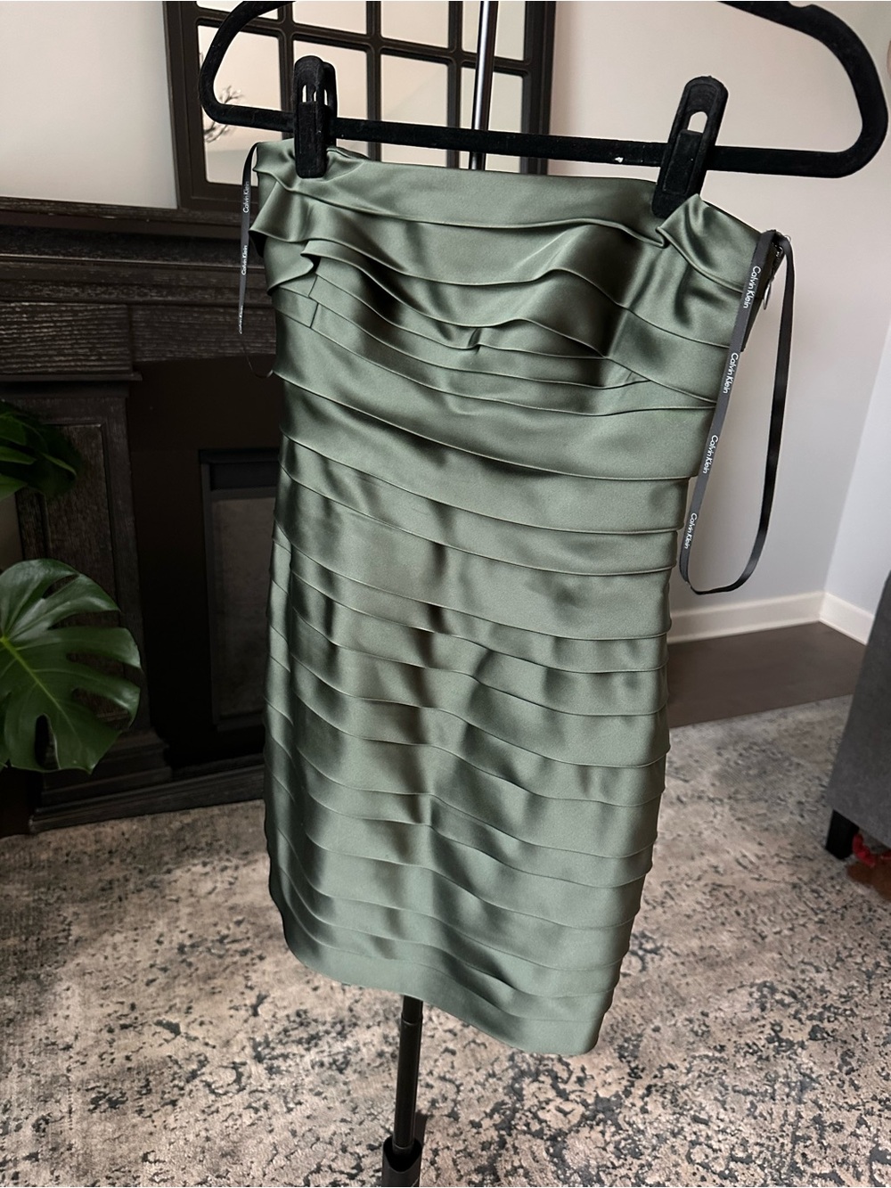 Calvin Klein Olive Green Strapless Pleated Satin Sheath Dress